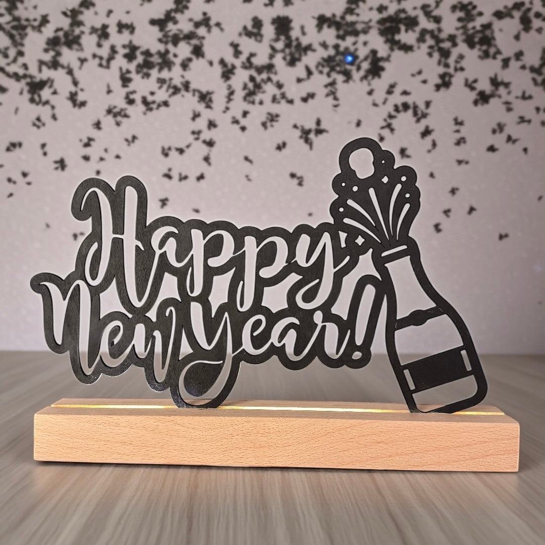Happy New Year Stand With Wooden Base