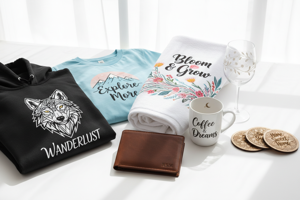 Customized gifts with printed on textile such as towel or t-shirt or hoody and laser engraving on mug, glass, leather or any wood products