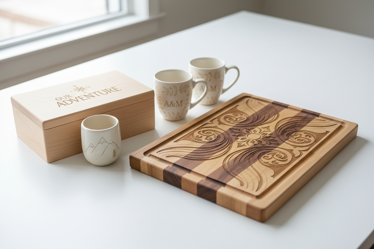 Laser engraved gifts such as wood products or mug and cup 